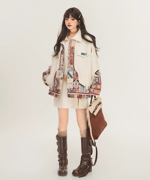Jacquard Splicing Faux Leather Jacket